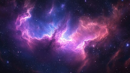 Naklejka premium Glowing purple and pink cosmic nebula with billowing luminous gas clouds and scattered stars, evoking awe and serene cosmic wonder