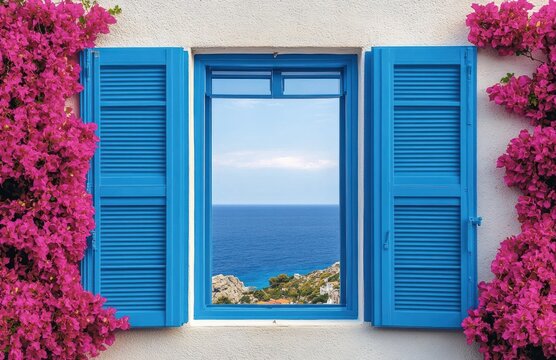 Fototapeta blue shuttered window framed by vibrant pink bougainvillea overlooking a tranquil azure sea and rocky coastline, peaceful summer view