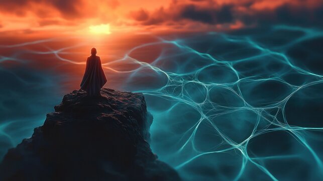 Cloaked figure standing on a rocky outcrop overlooking a glowing web-like ocean at a fiery sunset, evoking solitude and awe - Powered by Adobe