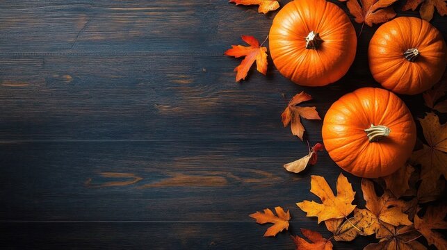 Three small orange pumpkins with scattered dried maple leaves on a dark wooden table, cozy rustic autumn harvest scene with warm tones and empty space