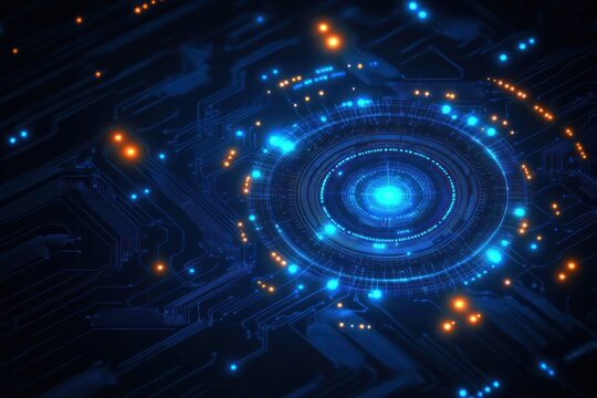 Glowing blue circular digital core on a dark circuit board with orange sparks and a futuristic energetic network feel