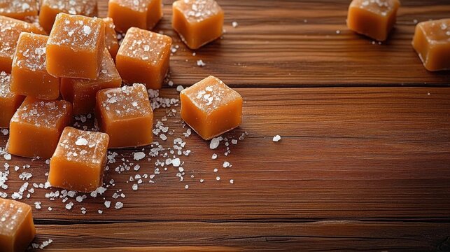 salted caramel candy cubes scattered with sea salt flakes on a rustic wooden surface, tempting cozy indulgent scene