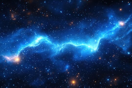 Glowing blue nebula ribbon sweeping across a star-filled cosmic sky with distant golden stars twinkling, serene and awe-inspiring - Powered by Adobe