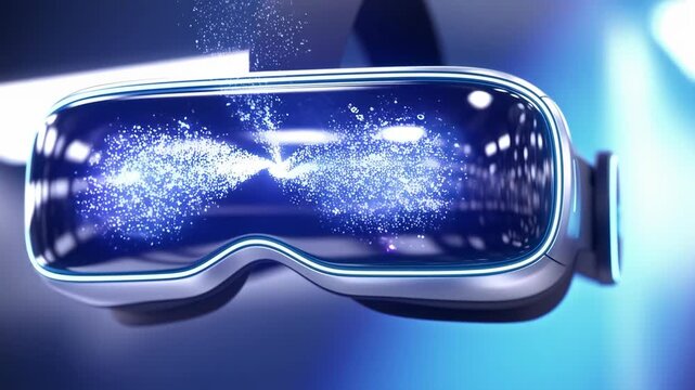 Futuristic virtual reality headset technology goggles immersive headset digital simulation glowing interface particle light effect conveying