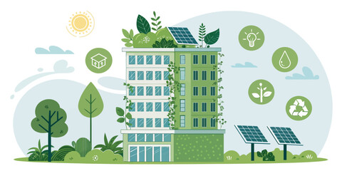 Modern green building embraces sustainable design with solar panels and rooftop garden, promoting eco-friendly living and renewable energy solutions for a better future