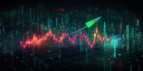 Futuristic neon candlestick market chart on a glowing grid with holographic vertical bars and a green upward arrow signaling optimistic growth and bullish momentum