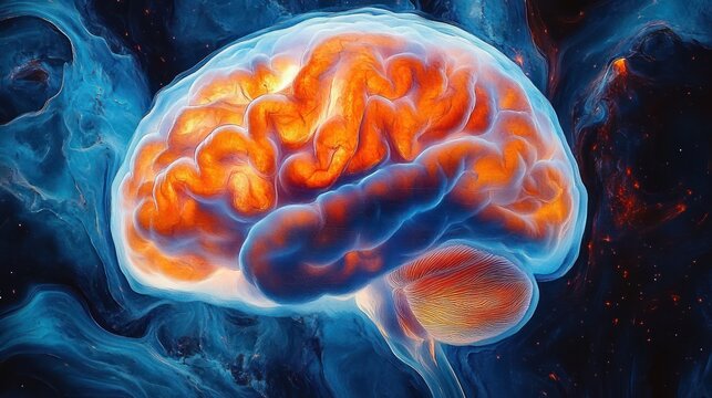 glowing human brain in vivid orange and blue floating against a swirling cosmic nebula background evoking wonder and curiosity