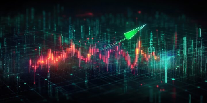 Futuristic neon candlestick market chart on a glowing grid with holographic vertical bars and a green upward arrow signaling optimistic growth and bullish momentum - Powered by Adobe