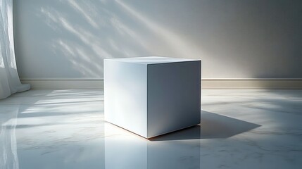 white geometric cube on a reflective marble floor in a sunlit minimalist room with sheer curtain and soft shadows, evoking calm serenity