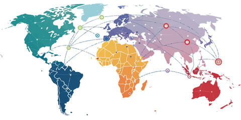 Global network connections highlighting international business relationships, showing worldwide communications and global business reach with a modern world map design