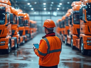 Fleet inspector in orange safety gear checks tablet amid rows of parked orange trucks in a rainy depot, focused and professional