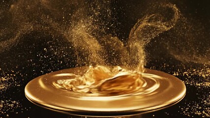 Luxurious slow motion abstract vortex of shimmering liquid gold particles swirling and pooling elegantly in a black expanse shimmering liquid gold, fluid dynamics, success - Powered by Adobe