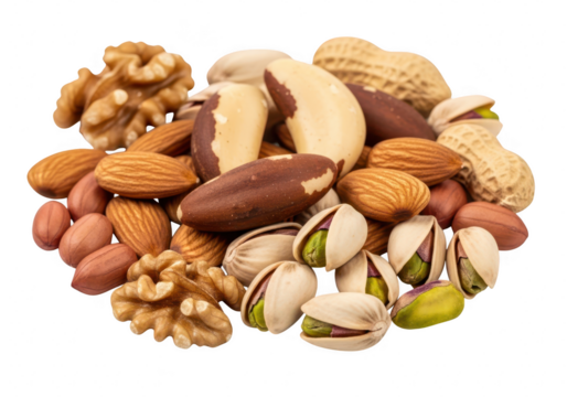 A diverse assortment of mixed nuts isolated on transparent background, offering a healthy and delicious snack option for any occasion