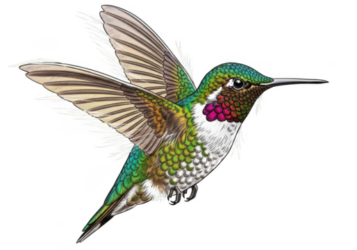 Ruby throated hummingbird in flight isolated on transparent background