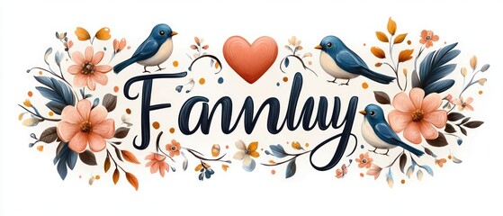 Hand-lettered family in flowing script with a central heart, three blue birds and peach floral arrangements conveying warm loving togetherness and cozy affection