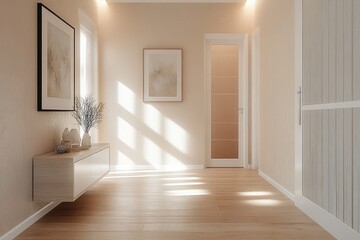 Obraz premium Sunlit minimalist hallway with floating console, vases and dried branches, framed abstract art and warm wooden floors, calm inviting atmosphere
