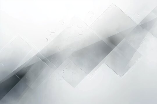 Minimalist translucent geometric composition with overlapping diagonal rectangles, soft gray gradients, faint hexagon outlines and smoky diagonal band conveying calm futuristic serenity - Powered by Adobe