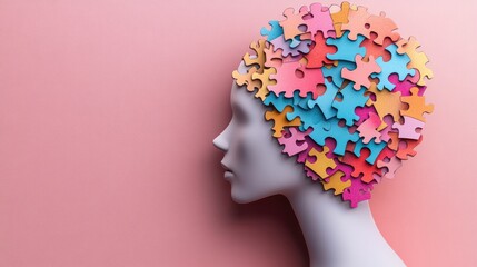 white mannequin head with colorful jigsaw puzzle pieces forming a brain on a pink background, evoking playful curiosity and thoughtful introspection