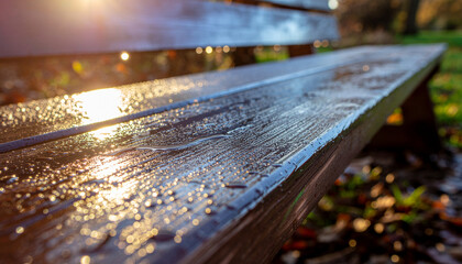 Close-up of a wet wooden park bench glistening with water droplets in sunlight, with blurred background foliage.