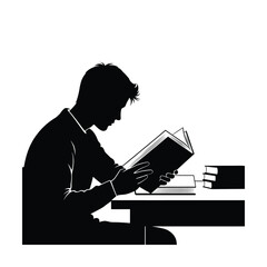 Young person focused on reading a book at a desk silhouette