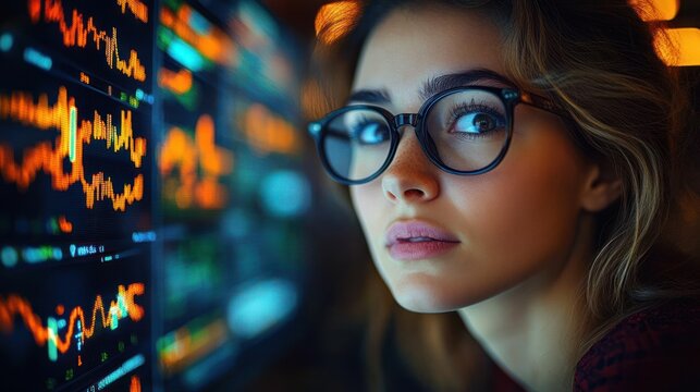 focused person wearing glasses studying glowing stock market charts and colorful financial graphs on multiple monitors, tense concentration