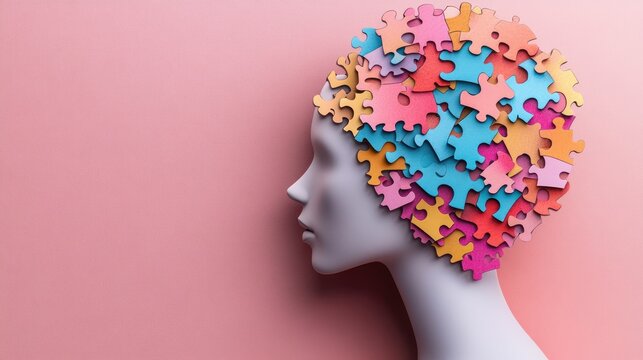 white mannequin head with colorful jigsaw puzzle pieces forming a brain on a pink background, evoking playful curiosity and thoughtful introspection