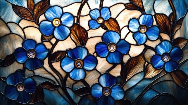 Luminous stained glass panel of blue flowers with golden centers, brown leaves and swirling translucent panes, evoking calm elegance