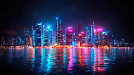 Fototapeta premium vibrant city skyline illuminated with colorful lights reflecting on water