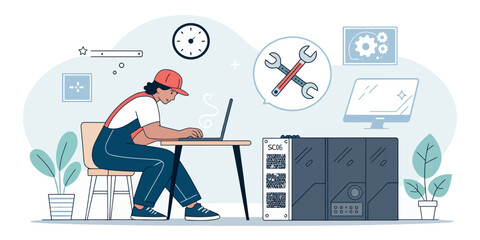 Computer repair technician fixing laptop at desk, a modern vector illustration of a service professional maintaining technology with tools and gear icons