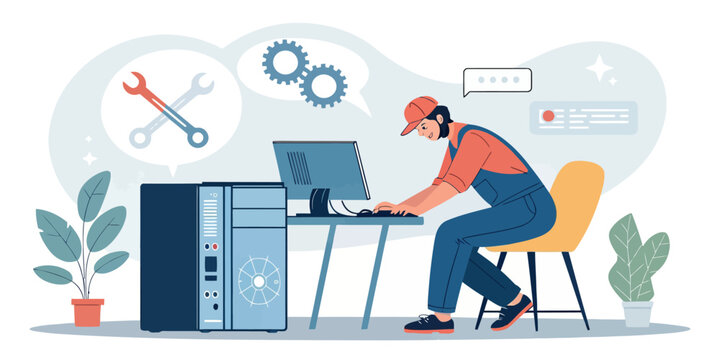 Expert technician repairs computer, solving tech issues and ensuring seamless operation for optimal performance in modern digital workspace environment
