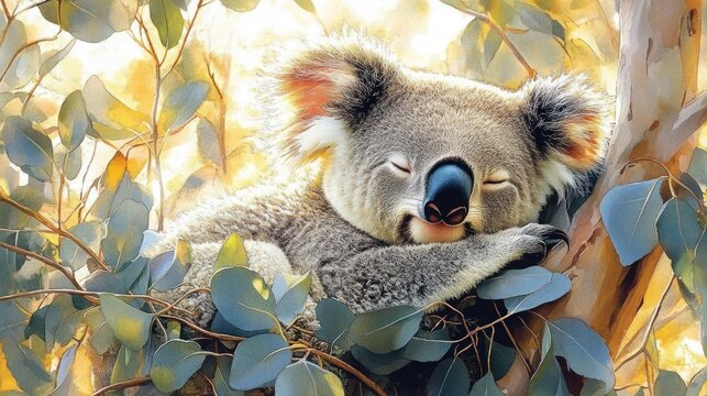Sleeping koala nestled in eucalyptus branches bathed in warm golden sunlight, peaceful and content - Powered by Adobe