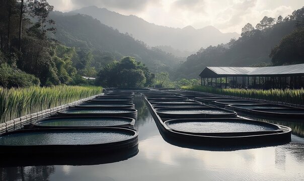 Tranquil aquaculture ponds with circular enclosures on mirror-like water, reed-lined banks, a rustic shelter and misty forested mountains bathed in soft morning light - Powered by Adobe