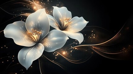 two glowing white flowers with delicate golden stamens and sparkling particles, flowing golden ribbons on a dark background conveying serene magical elegance