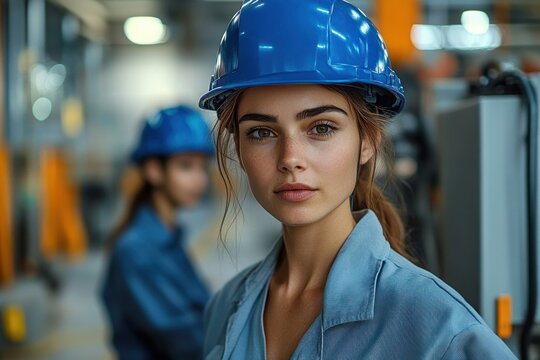 Two factory workers in blue hard hats and coveralls standing among machinery, focused and confident on a busy industrial workshop floor - Powered by Adobe