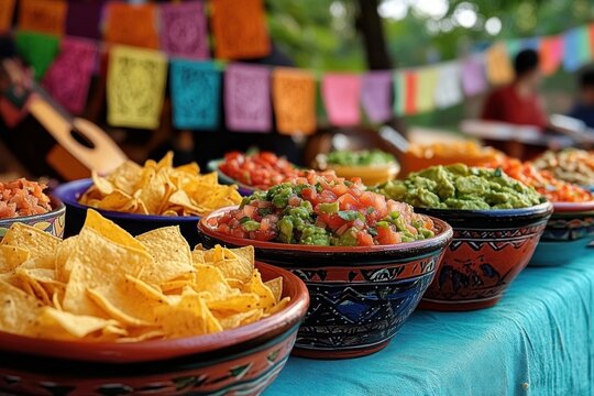 colorful outdoor spread of tortilla chips and bowls of fresh salsa and guacamole on a turquoise tablecloth with festive papel picado banners, vibrant and inviting