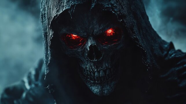 Dark hooded figure in tattered wet cloak emerging from misty teal fog, dripping fabric and shadowed silhouette conveying ominous, mysterious, menacing mood - Powered by Adobe