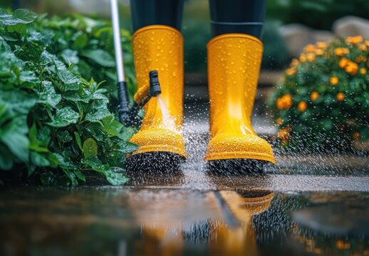 person wearing bright yellow rain boots splashing water from a hose on a wet garden path with green leafy plants, orange flowers, reflections and a playful joyful mood