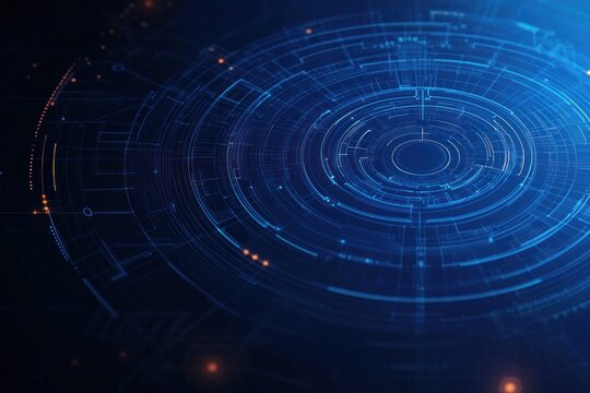 blue concentric digital interface with neon circuit lines and orange data nodes on a dark background, sleek futuristic and precise mood