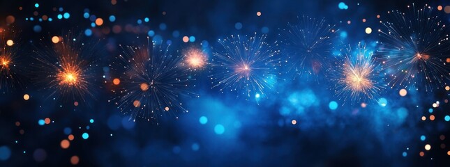 golden and blue firework bursts over a deep blue smoky background with glowing bokeh lights and sparkles, creating a festive, magical and celebratory atmosphere
