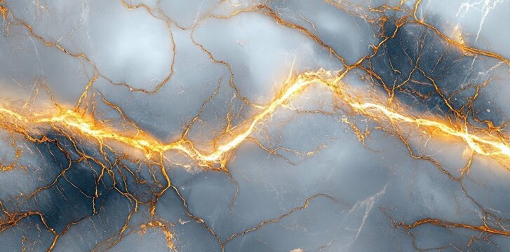 glowing gold veins and cracks running across a blue-gray marble surface, dramatic luminous energy and luxurious texture