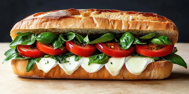 crusty rustic sandwich filled with fresh mozzarella slices, ripe tomato rounds and abundant basil leaves, bright and appetizing