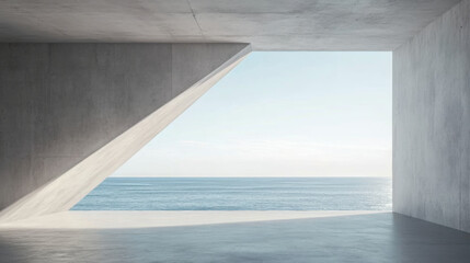 Obraz premium Abstract empty, modern concrete room with light diagonal wall opening with ocean view on the back wall