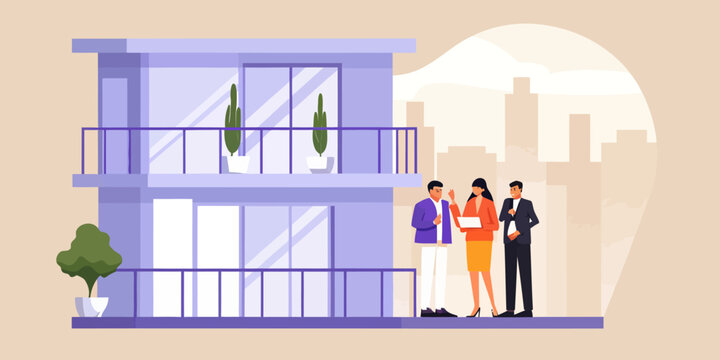Real estate team presenting modern property investment opportunity with city view, perfect for advertising, marketing, and financial services illustrations