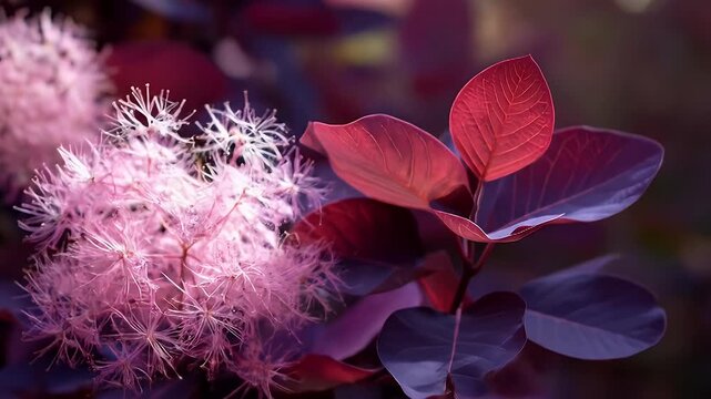 Close-up of Smoke Bush Plant with Pink Flowers and Burgundy Leaves in Natural Light