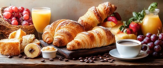 Cozy inviting breakfast spread of flaky croissants on a wooden board with steaming coffee, scattered coffee beans, orange juice, grapes, strawberries, banana slices, sponge cake and jam