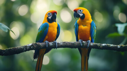 Tropical birds sitting on a tree branch in the rainforest