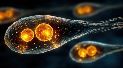 Wide-angle hi-res cell array on blue void, glass shells with yellow cores—wellness ad, AI-tech wallpaper or docu-header one-click