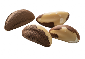 A closeup of four brazil nut, showcasing their unique shape and texture, highlighting their nutritional value isolated on transparent background