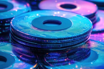 Stacks of glossy circular discs etched with circuit patterns reflecting neon blue and purple light, futuristic and mesmerizing high-tech scene