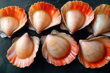 Close-up of seven glossy orange and cream scallop shells on a dark textured surface, fresh vibrant coastal and culinary mood
